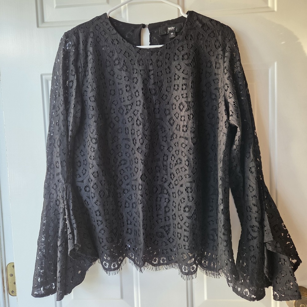 Mossimo sz M Black lace Top sheer Bell Slv Whimsigoth Fairygoth Witchy dark boho